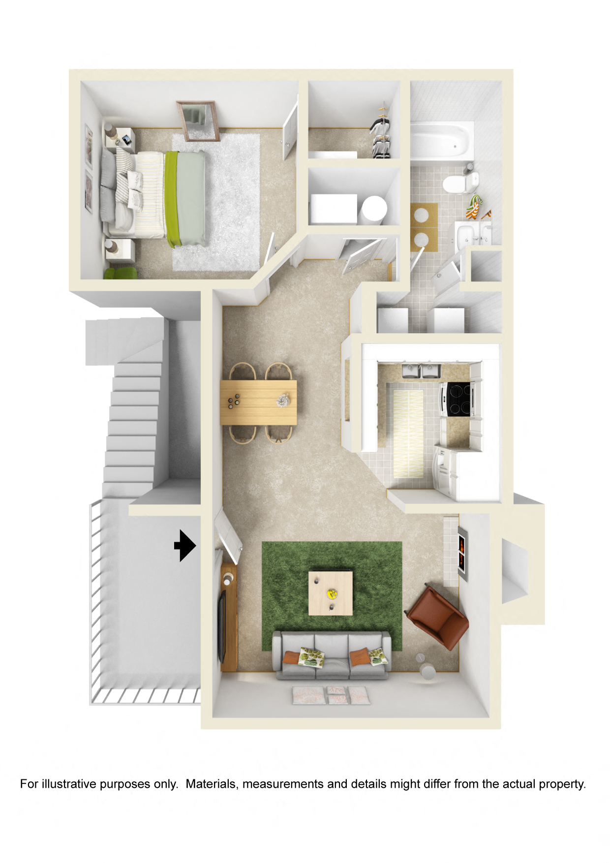 Floor plan for 1 bed, 1 bath, 700 sqft